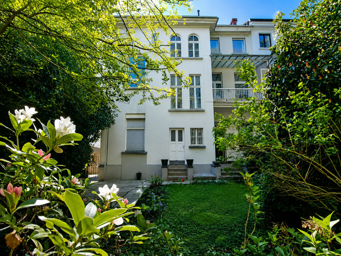 White house with a balcony and a green lawn, framed by trees and white flowers.