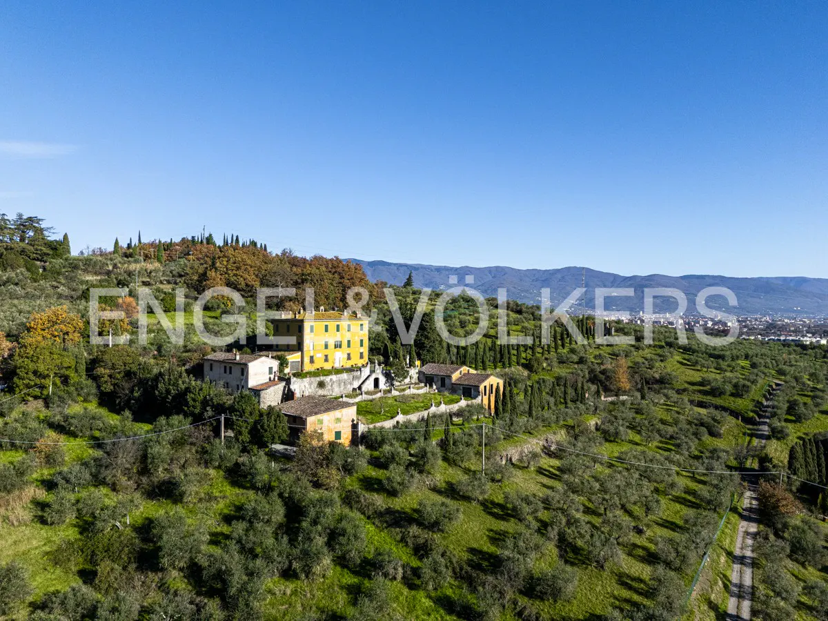 Aerial view of a yellow villa on a green hillside under a blue sky. Trees and mountains are in the background.