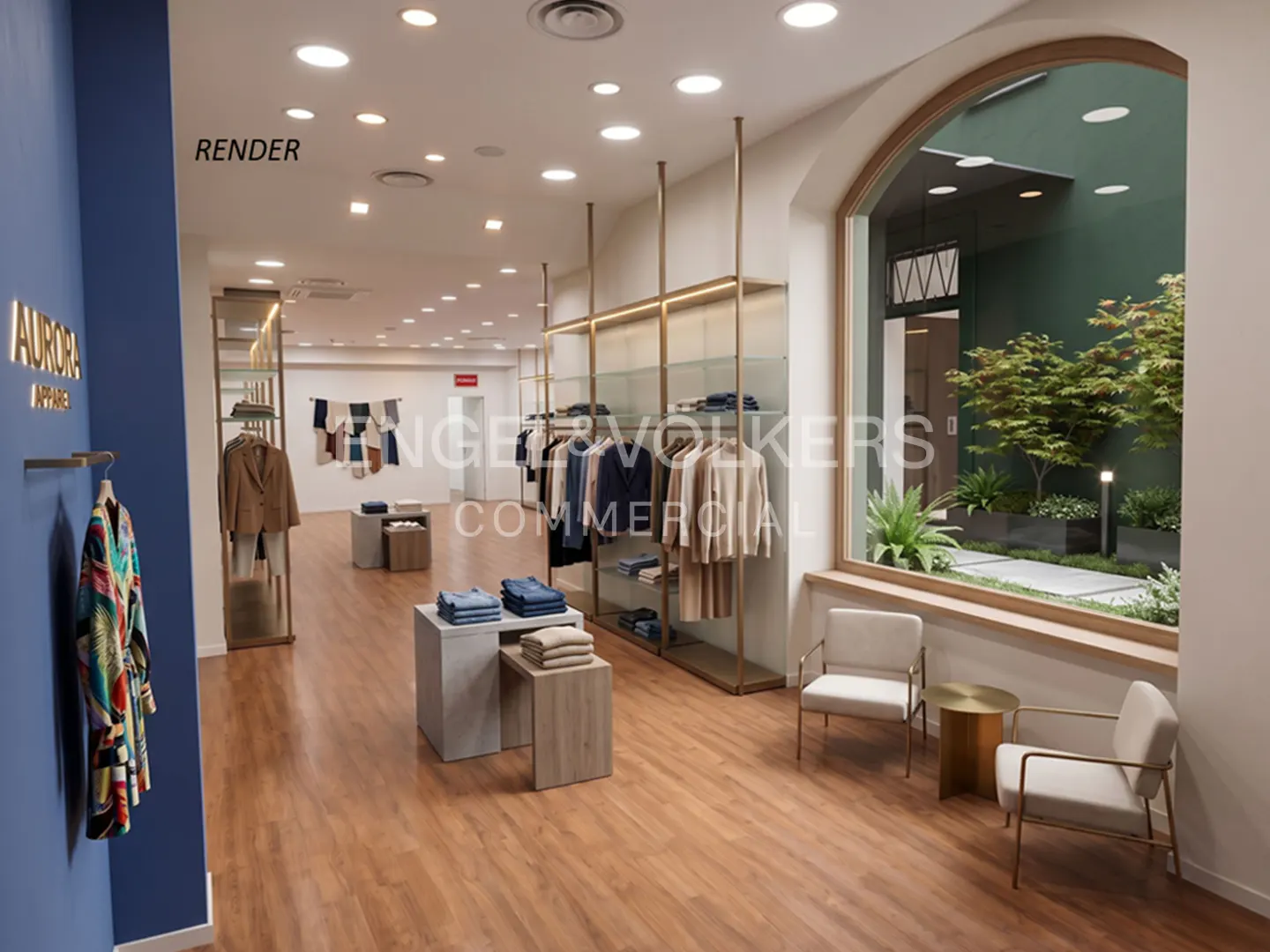 Upscale clothing store interior with wood floors, racks of clothes, and a window view of a green courtyard.