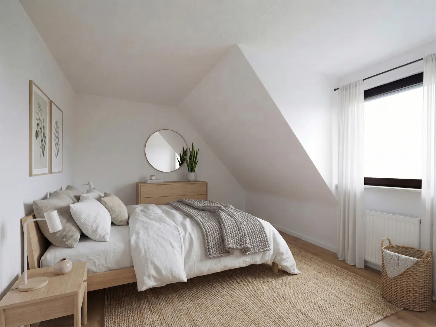 Bright bedroom with white walls, a wooden bed, and a jute rug. A round mirror hangs above a wooden dresser. Natural light streams through a window.