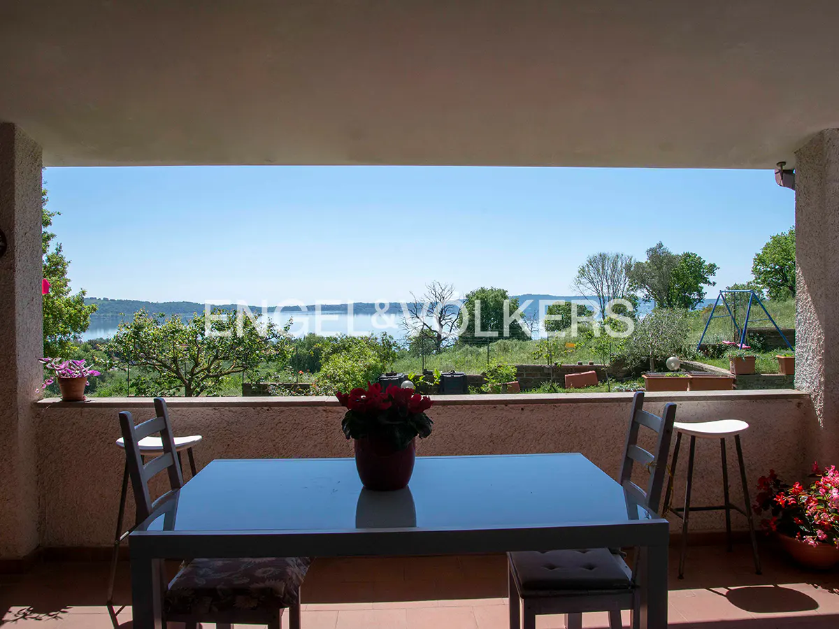 Covered patio with table, chairs, and flowers overlooking a lake and green landscape on a sunny day.