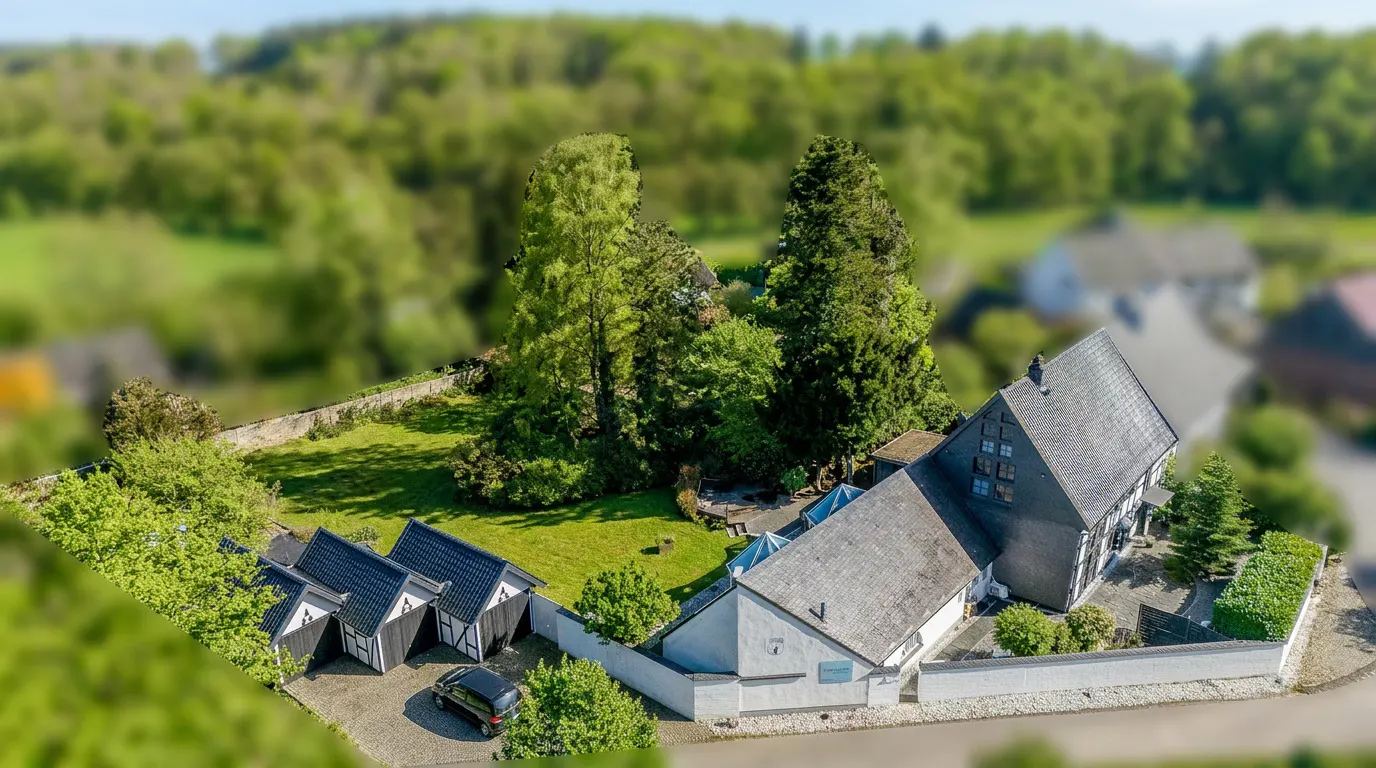 Aerial view of a house with a gray roof, white walls, and black trim, surrounded by green trees and a lawn. A black car is parked near three small garages.
