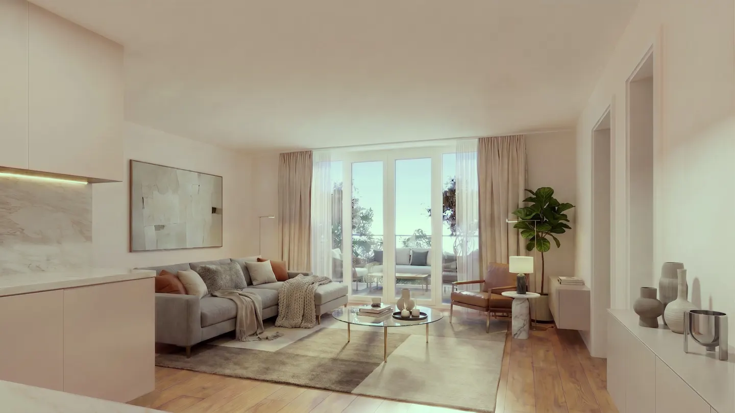 Bright, modern living room with gray sofa, glass table, and balcony view. Neutral tones and wood floors create a serene atmosphere.