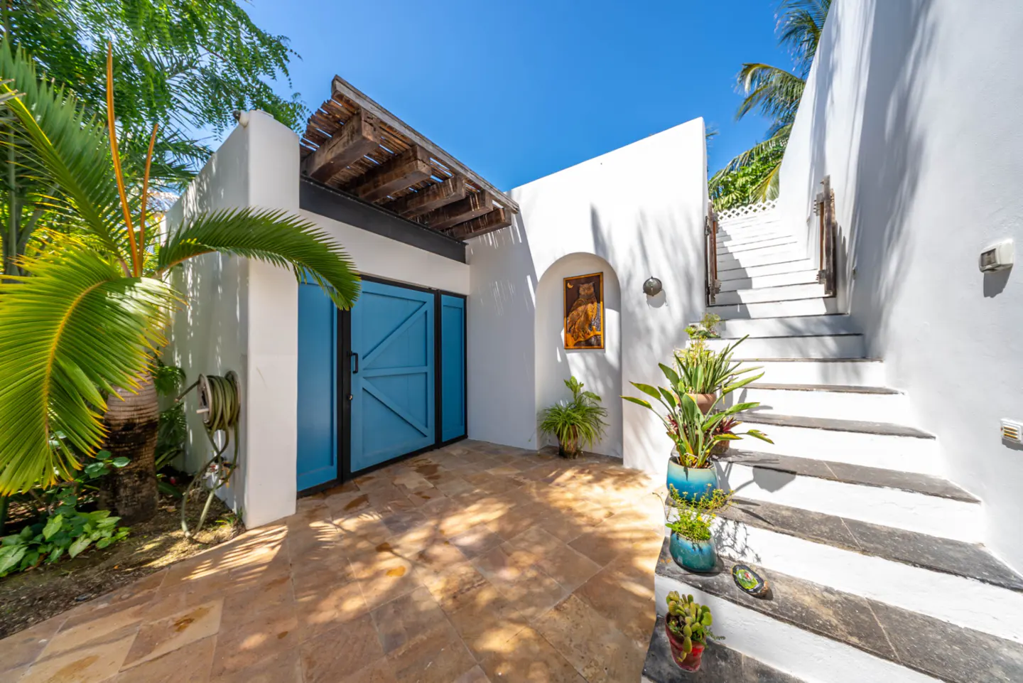 Exterior view of a white building with blue doors, a wooden awning, and stone steps lined with potted plants.
