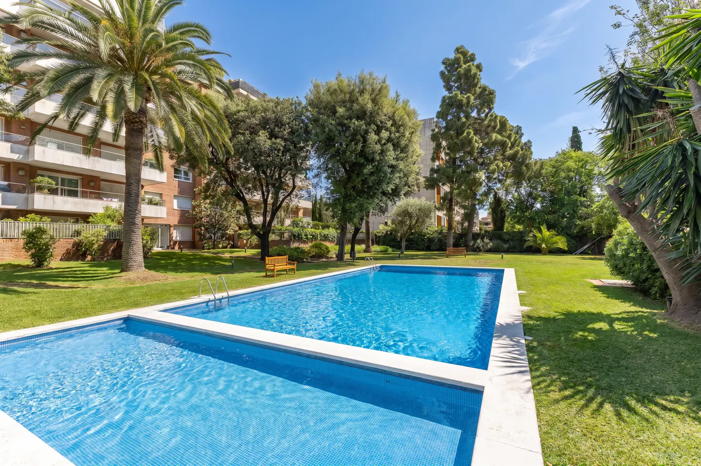 A blue tiled swimming pool sits on a green lawn, with trees and a building in the background.