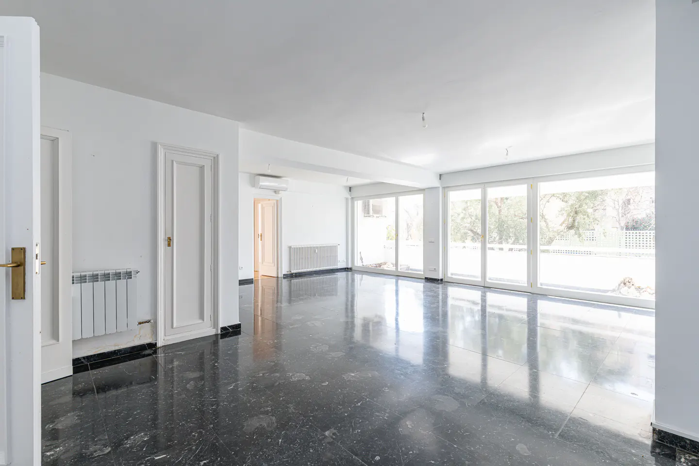 Bright, empty room with black marble floors, white walls, and large windows overlooking greenery. Doors and a radiator are visible.