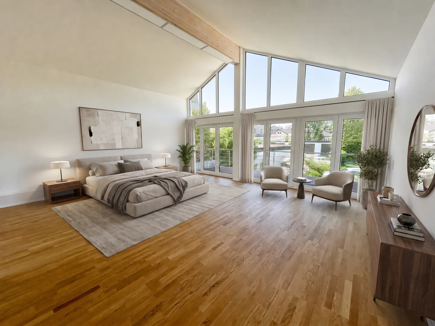 Spacious modern bedroom with hardwood floors, a king bed, two armchairs, and floor-to-ceiling windows overlooking greenery.