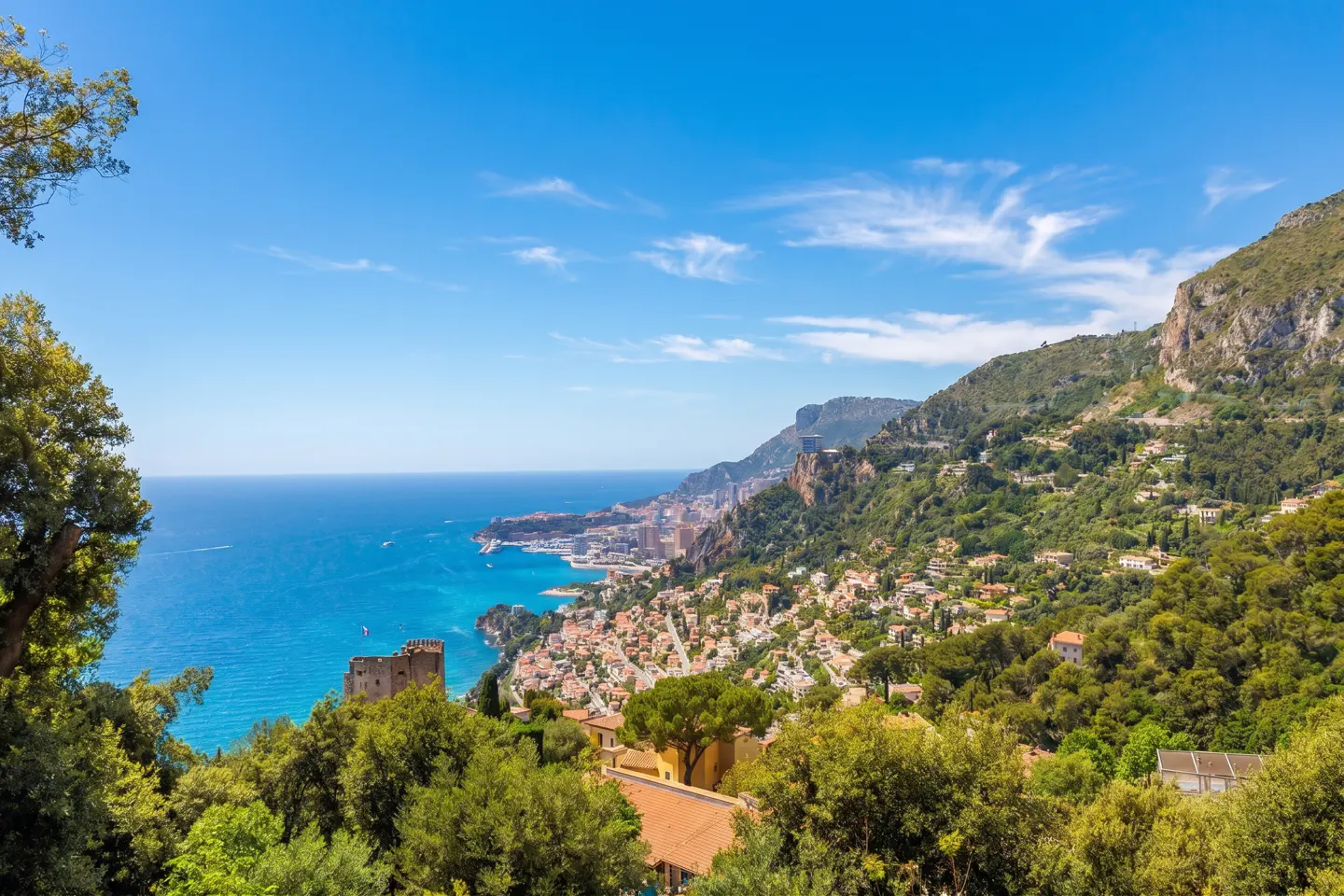 Scenic view of Monaco coastline with turquoise sea, green hills, and buildings under a blue sky.