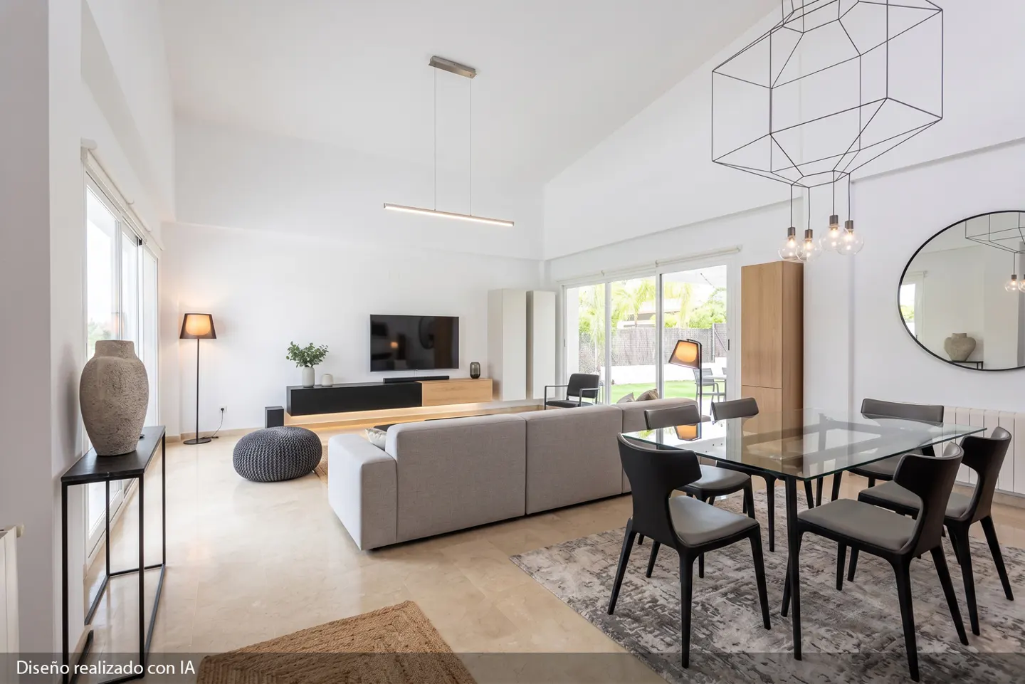 Bright, modern living room with white walls, a gray sofa, a glass dining table with black chairs, and geometric light fixtures.