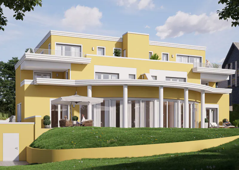 A yellow, multi-story house with white trim and a green lawn under a blue sky. People are on the balconies and patio.