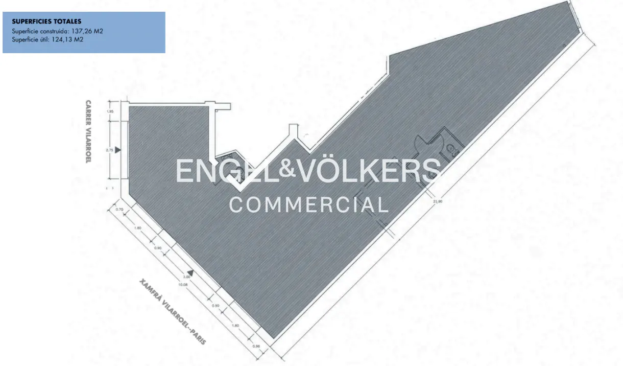 Floor plan for Engel & Völkers Commercial, showing building dimensions and street names Carrer Vilarroel and Xamfrà Vilarroel-Paris.
