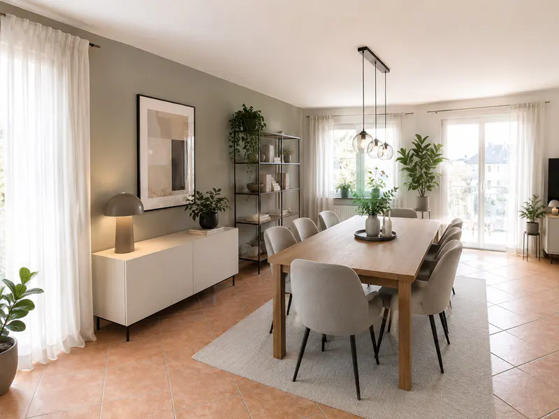 A dining room with a long wooden table, beige chairs, and a modern light fixture. White curtains filter light from windows. Plants add a touch of green.