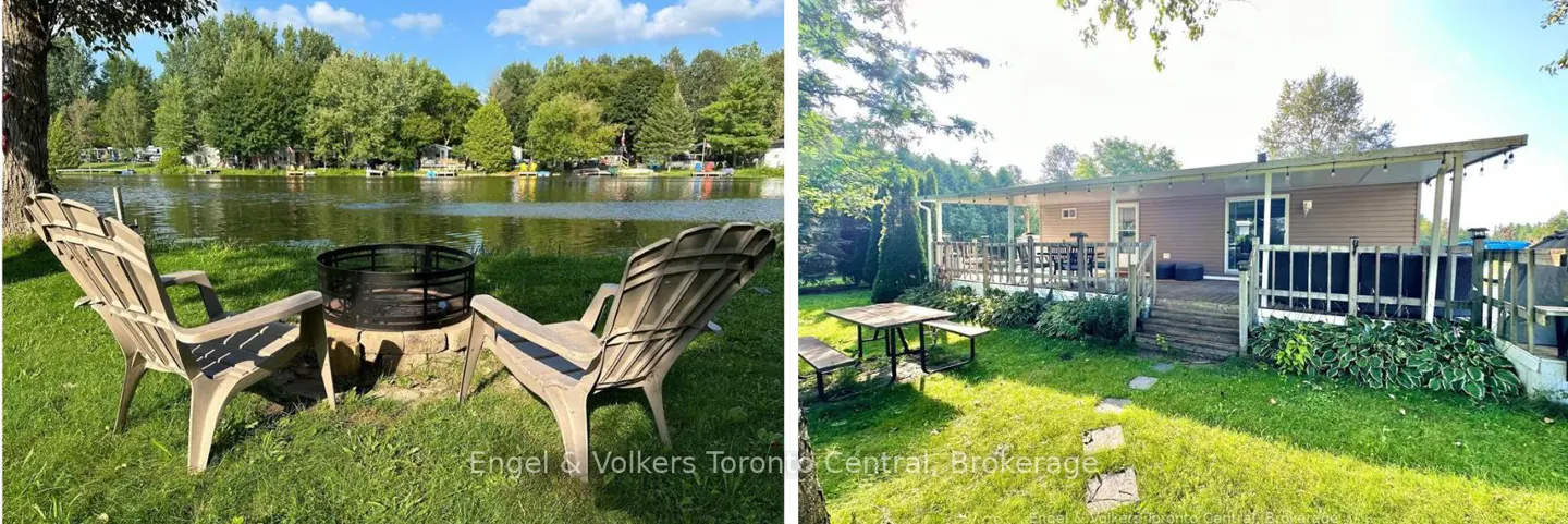 Two outdoor scenes: Adirondack chairs by a lake, and a house with a deck and picnic table on a lawn.