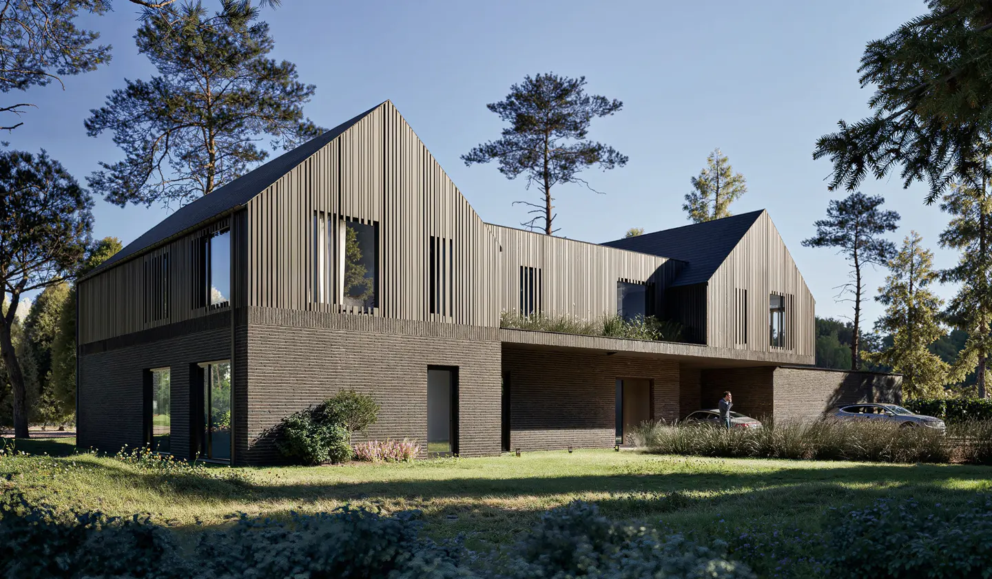 Modern two-story house with dark brick and light wood siding, surrounded by green lawn and trees under a blue sky.