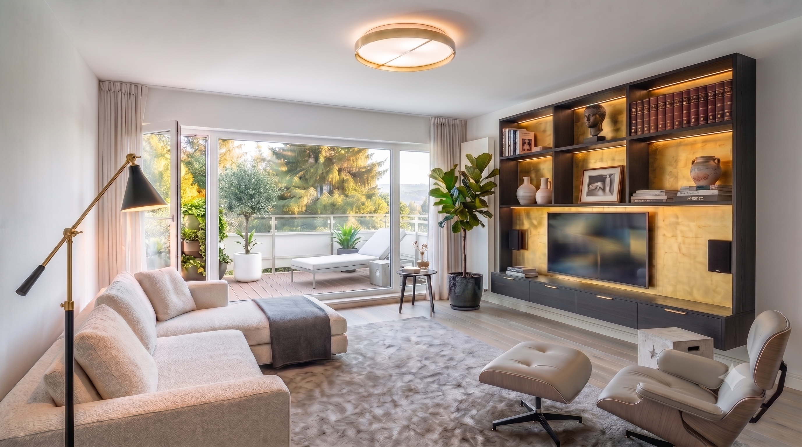 Modern living room with a beige sectional, lounge chair, and a large wall unit with gold backing and built-in TV.