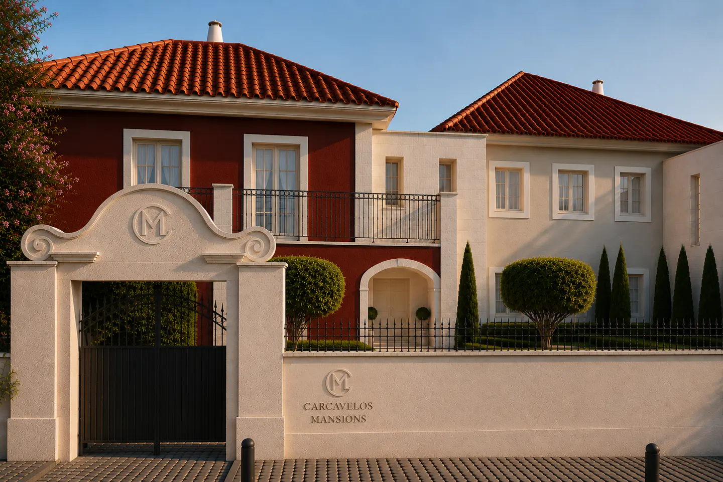 Carcavelos Mansions: A two-story villa with red and cream walls, terracotta roof, and a gated entrance with a stone arch.