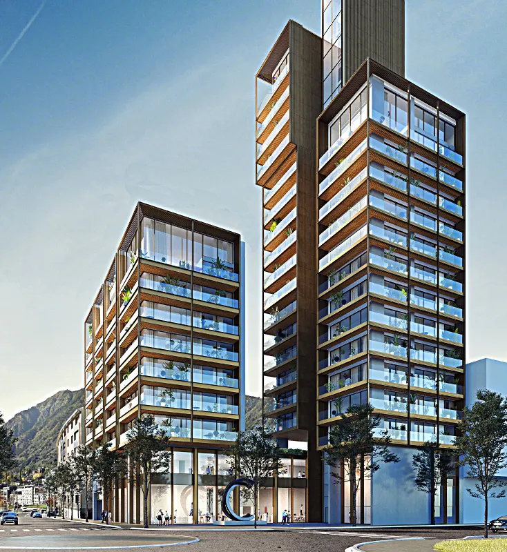 Two modern high-rise buildings with glass balconies and wood accents, set against a mountain backdrop and blue sky.