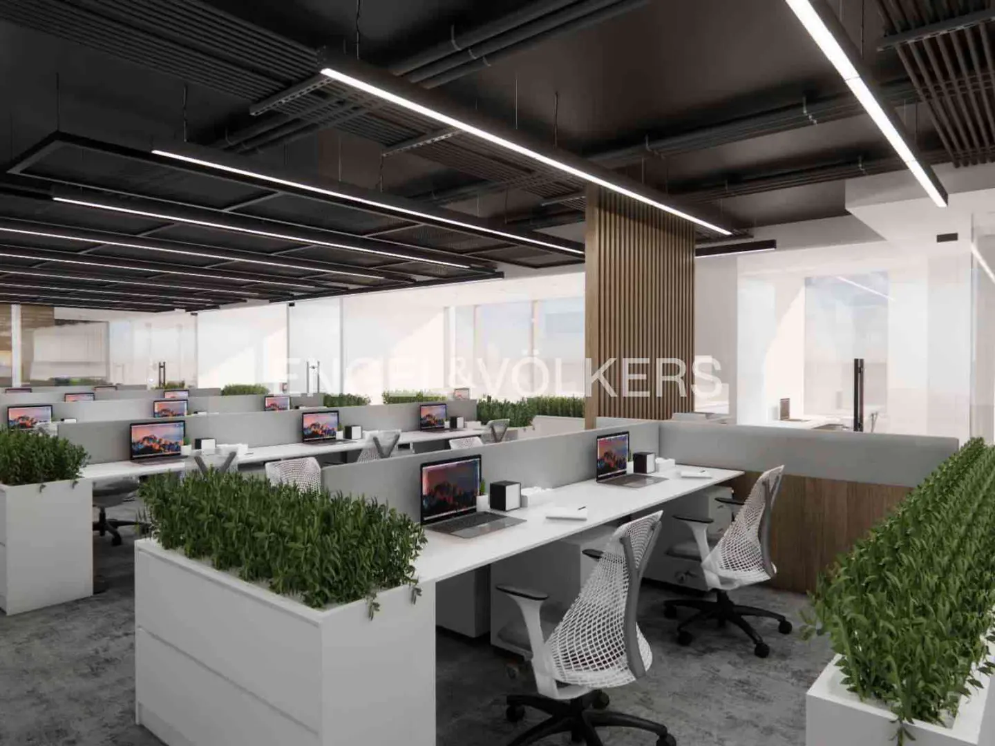 Office space with rows of desks, computers, and chairs. Green plants in white planters add a touch of nature. Modern lighting and a dark ceiling complete the scene.