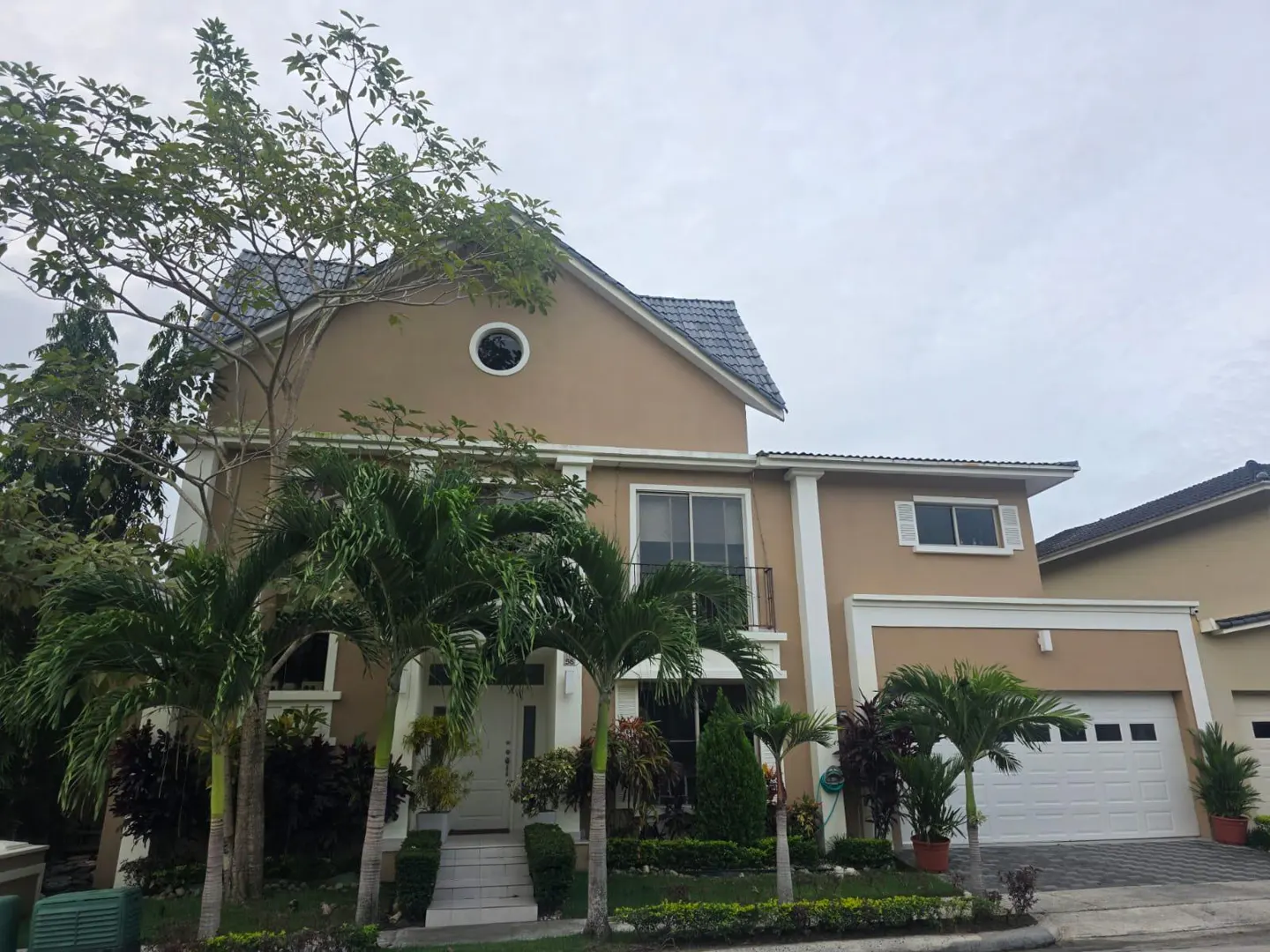 Two-story tan house with white trim, a gray roof, and a white garage door. Palm trees and other greenery surround the house.