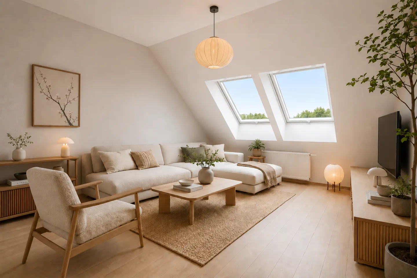 Bright attic living room with a beige sectional, wooden coffee table, armchair, skylights, and minimalist decor.