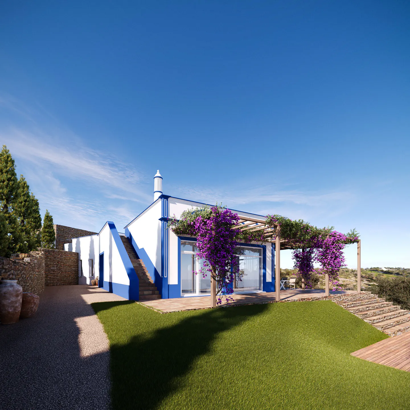 Exterior of a white house with blue trim, a pergola with purple flowers, and a green lawn under a clear blue sky.