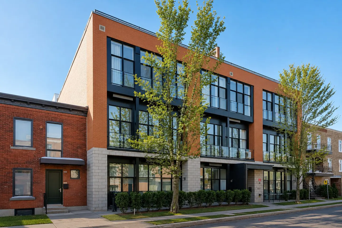 Modern apartment building with orange brick and stone facade, large windows, and green trees under a clear blue sky.