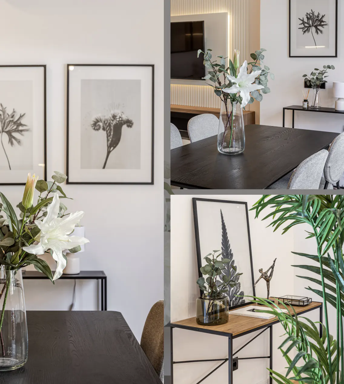 Modern dining room with a dark wood table, white lilies in a vase, and black and white botanical art.