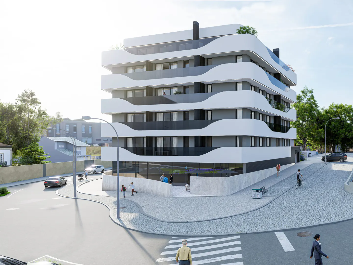 Modern, multi-story apartment building with white, wave-like balconies. People walk and bike on the street.