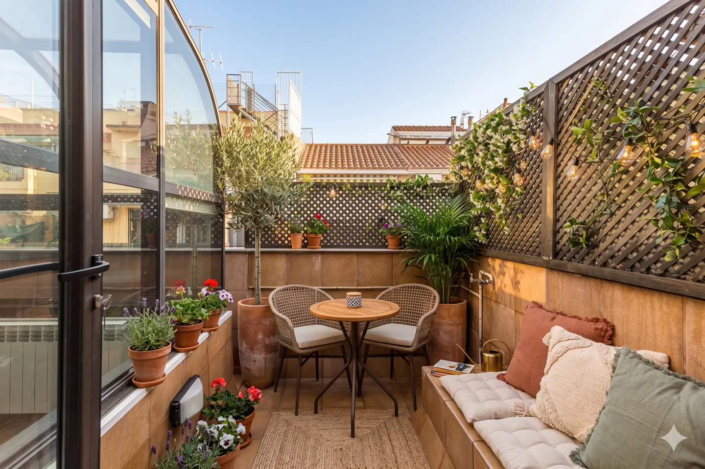 Cozy balcony with a small round table, two chairs, and a cushioned bench with pillows, decorated with plants and string lights.