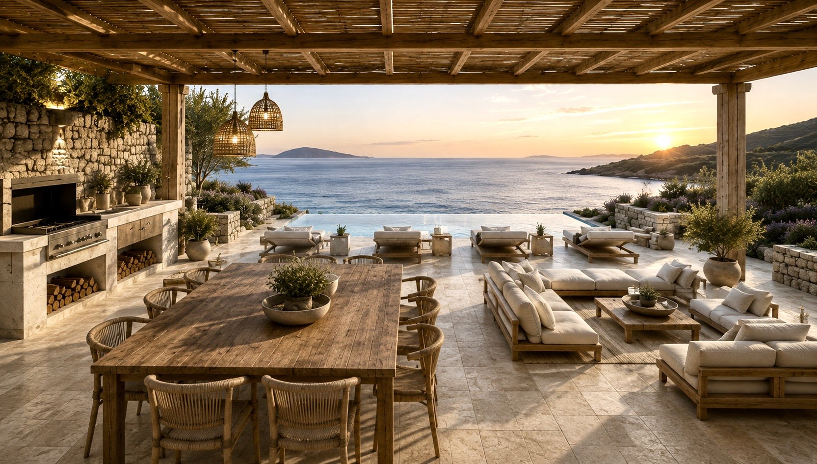 Luxury outdoor patio with dining table, lounge seating, and infinity pool overlooking the ocean at sunset. [AI-generated text]