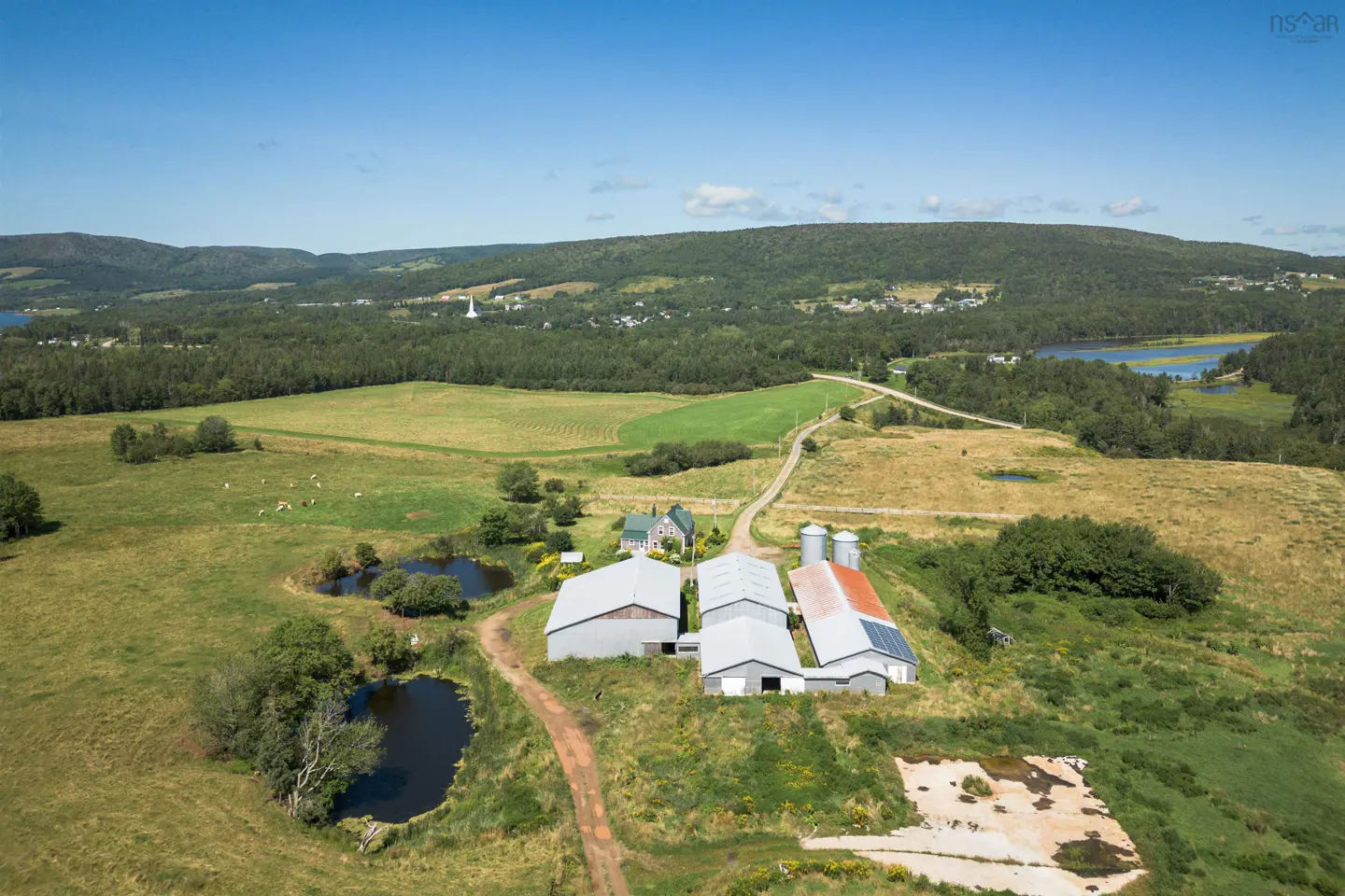Aerial view of a farm with barns, silos, and a house surrounded by green fields and trees under a blue sky.