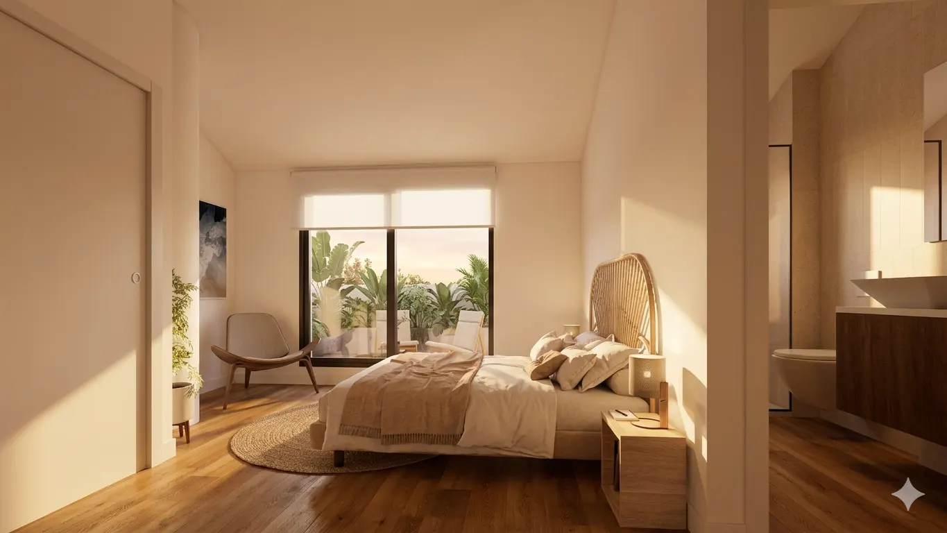 Bright bedroom with a rattan headboard bed, wood floors, and a large window overlooking a lush garden. A modern bathroom is visible in the background.