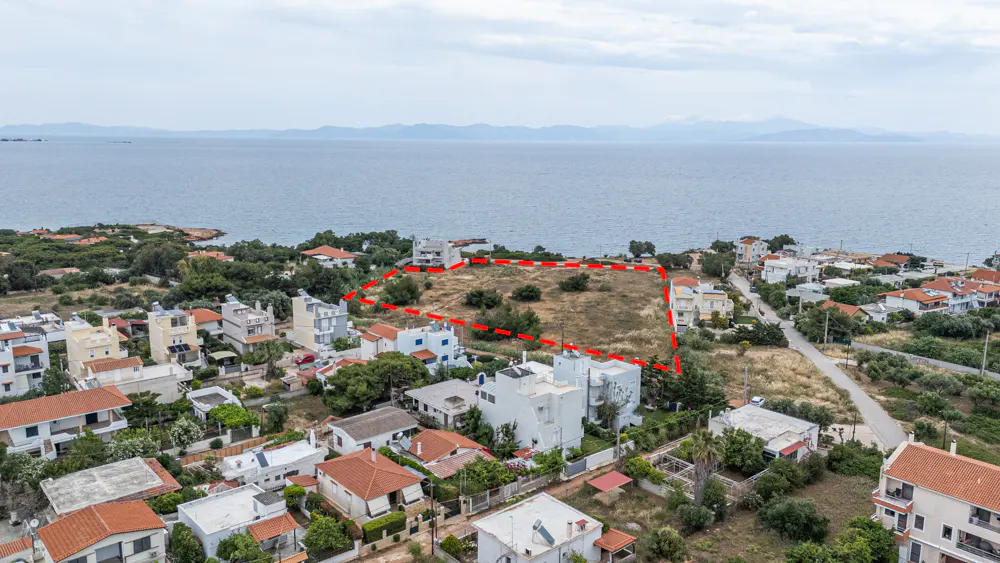 Aerial view of a vacant coastal plot outlined in red, surrounded by residential houses near the sea.