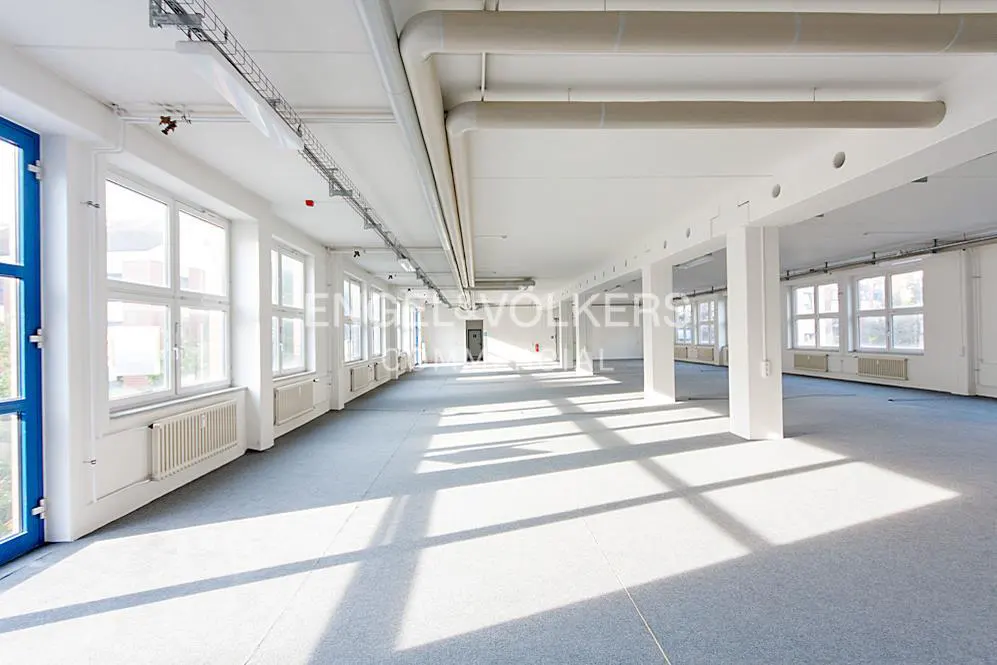 Bright, empty office space with white walls, large windows, and gray carpet. Overhead pipes and support beams are visible.