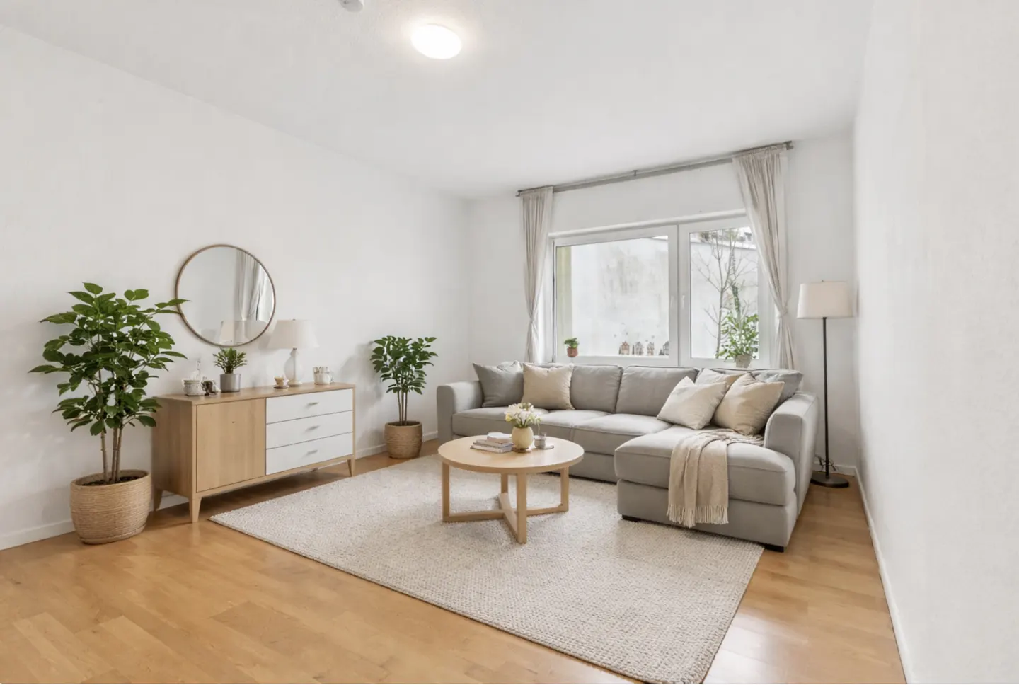 Bright living room with wood floors, white walls, and a large window. A gray sectional sofa sits on a cream rug, with a round wood coffee table in the center. A wooden cabinet with a round mirror is on the left.