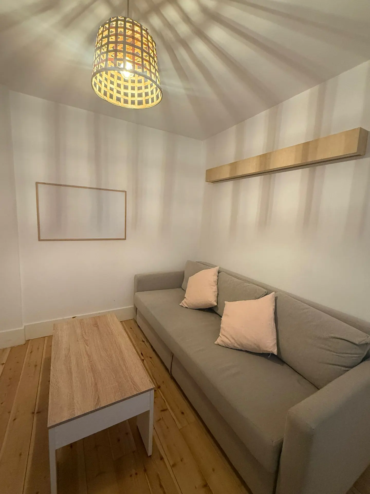 Living room with a gray sofa, pink pillows, wood floor, and a coffee table. A light fixture hangs from the ceiling.