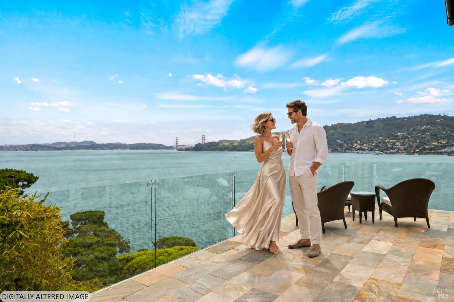 A couple in formal attire toasts with champagne on a stone balcony overlooking the San Francisco Bay and Golden Gate Bridge. [AI-generated text]
