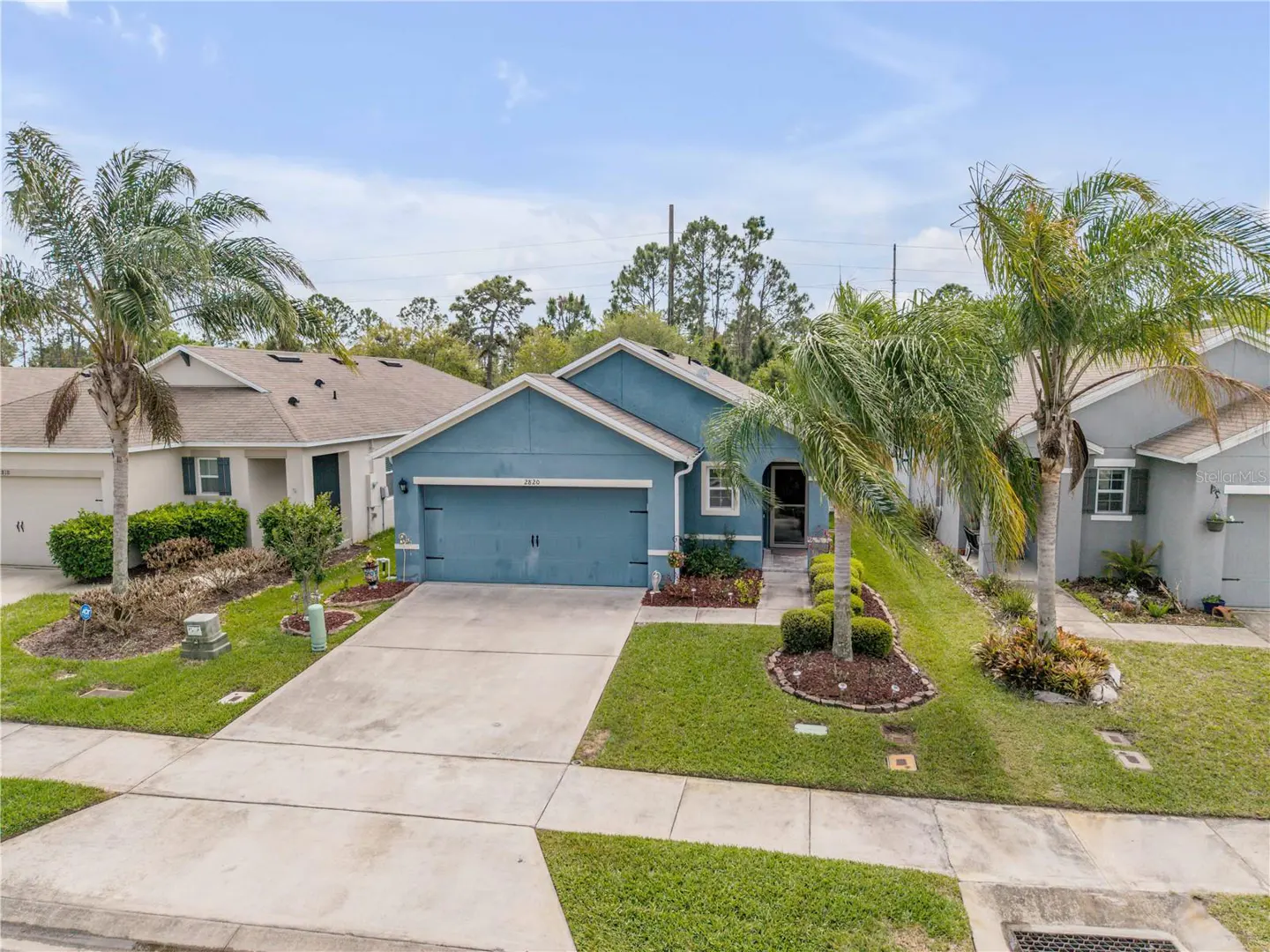 Aerial view of a blue single-story home with a two-car garage, palm trees, and a concrete driveway.