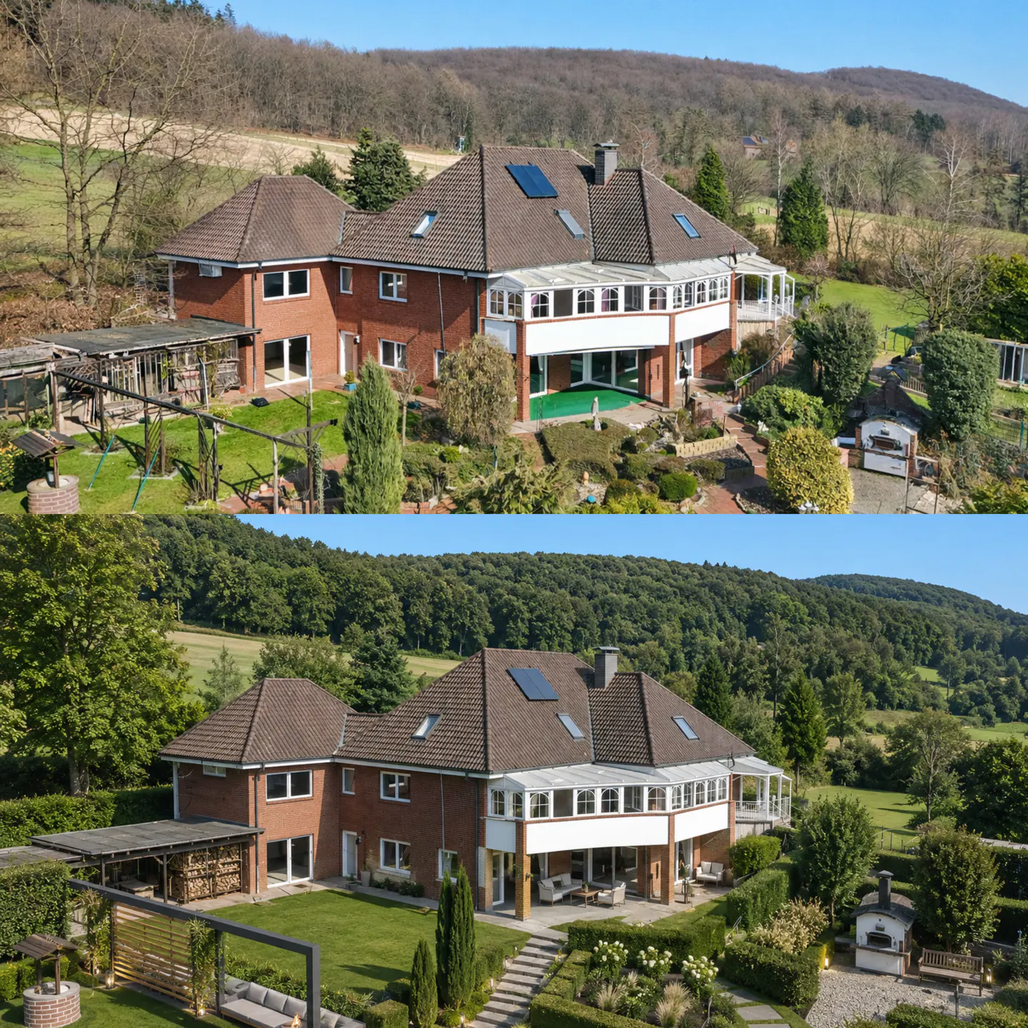 Two-panel image shows a large brick house with a brown roof, surrounded by lush greenery and trees. The house has a sunroom and a well-maintained garden.