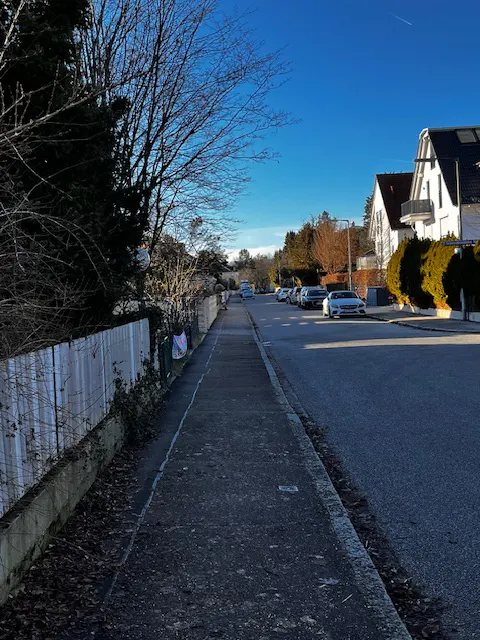 A sunny street view with parked cars, houses, trees, and a sidewalk. The sky is blue.
