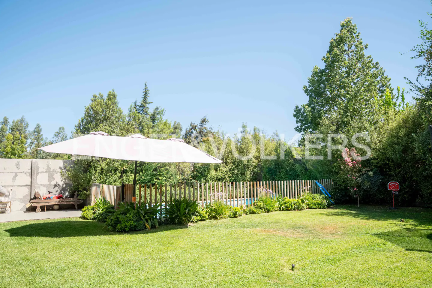 A backyard with a green lawn, a white umbrella, a wooden fence, and trees under a blue sky.