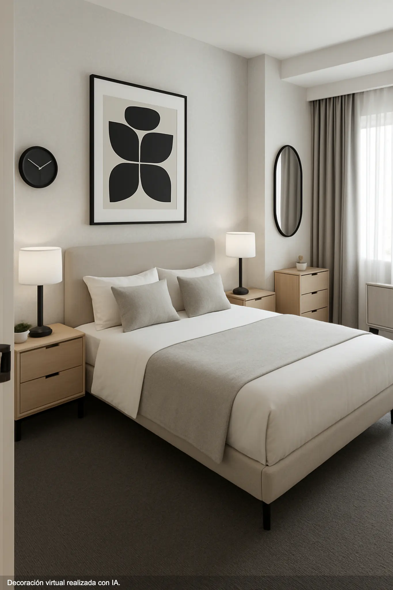 A modern bedroom with a queen bed, nightstands, lamps, and abstract art. The color palette is neutral with white walls and gray carpet.
