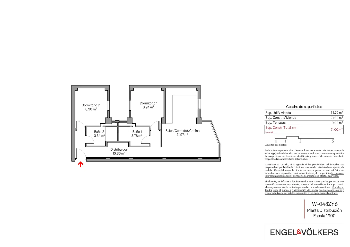 Black and white floor plan showing two bedrooms, two bathrooms, and a living/dining/kitchen area. Text provides room dimensions and total area.