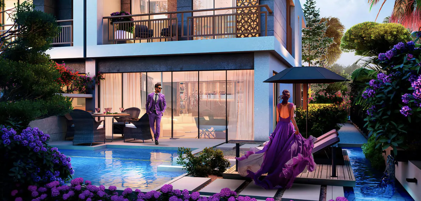 Modern home exterior with a pool, patio, and garden. A man in a purple suit walks by the pool, and a woman in a purple dress stands near a lounge chair.