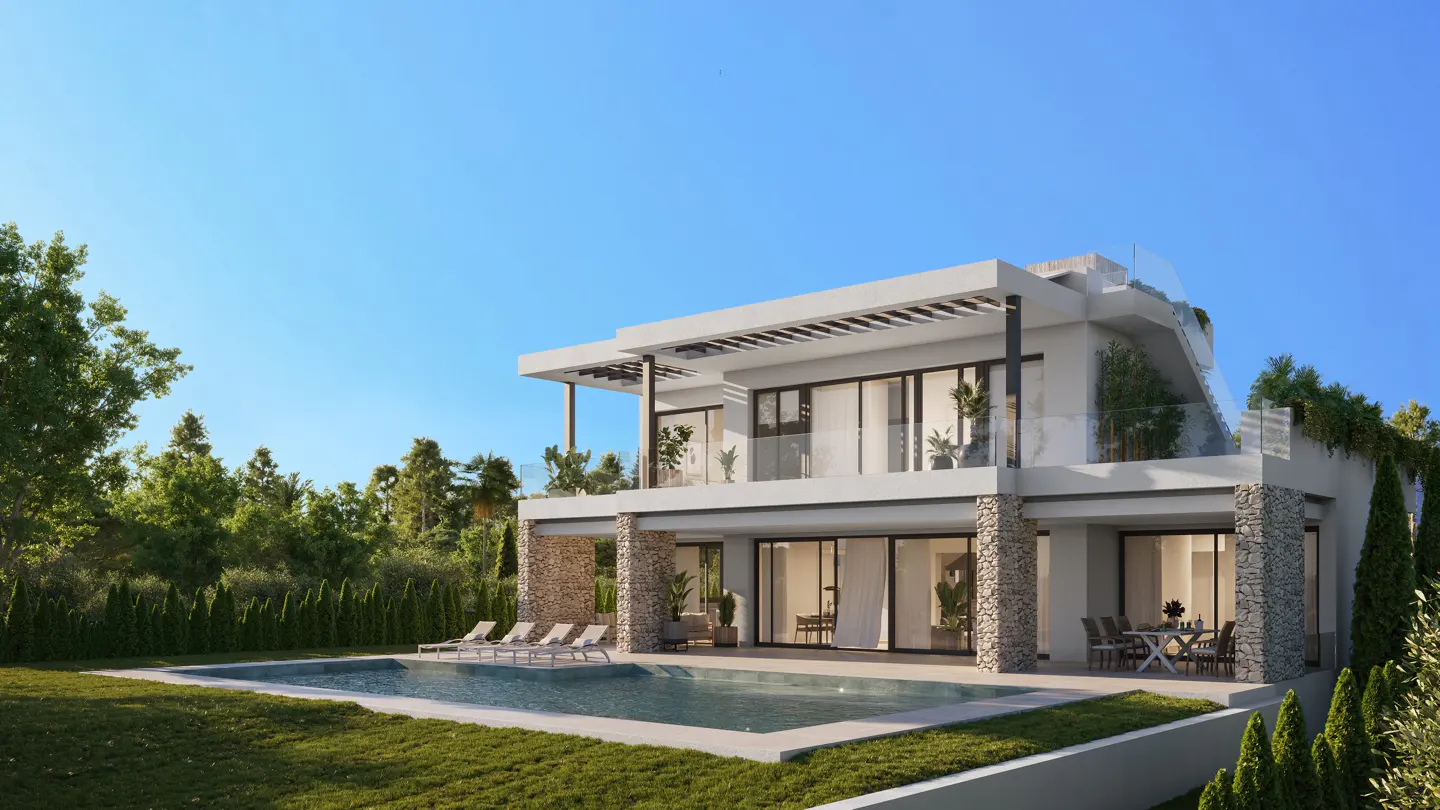 Modern two-story villa with stone pillars, a swimming pool, lounge chairs, and a patio set against a clear blue sky.