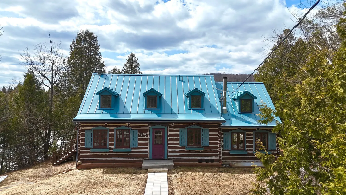 Log cabin with a blue metal roof and dormers. Purple door, blue shutters, and a stone walkway. Trees and cloudy sky in the background.