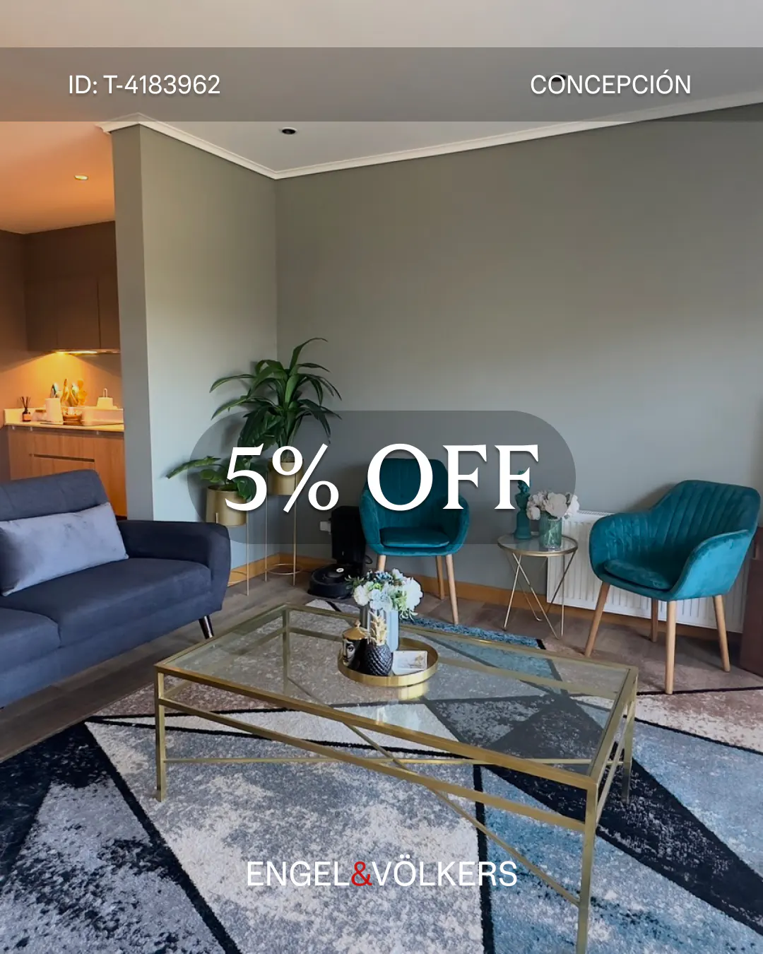 Living room with blue sofa, teal chairs, and glass coffee table on a patterned rug. "5% OFF" overlay. Engel & Völkers logo.
