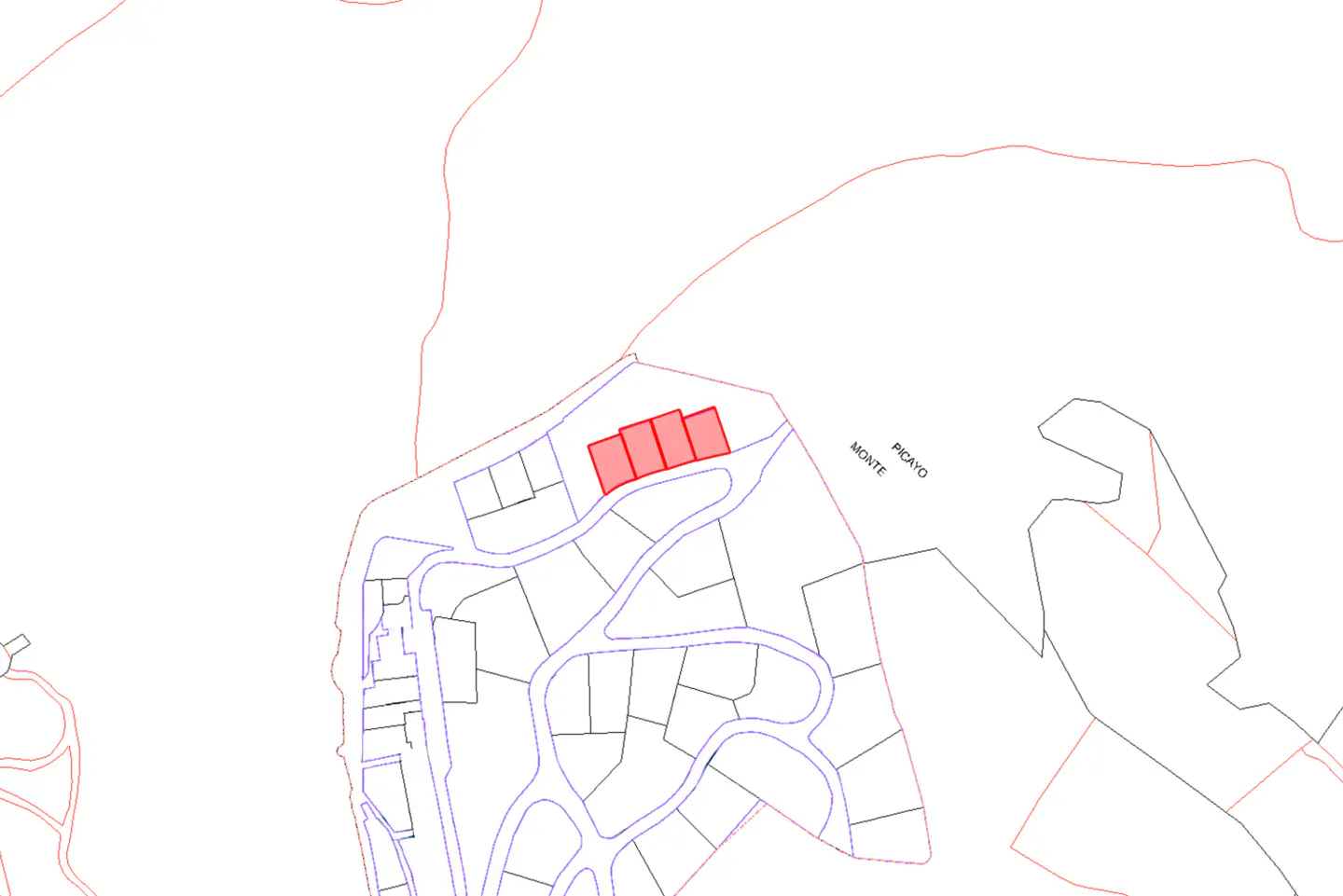 Map of Monte Picayo showing plots of land with roads in blue and highlighted plots in red.