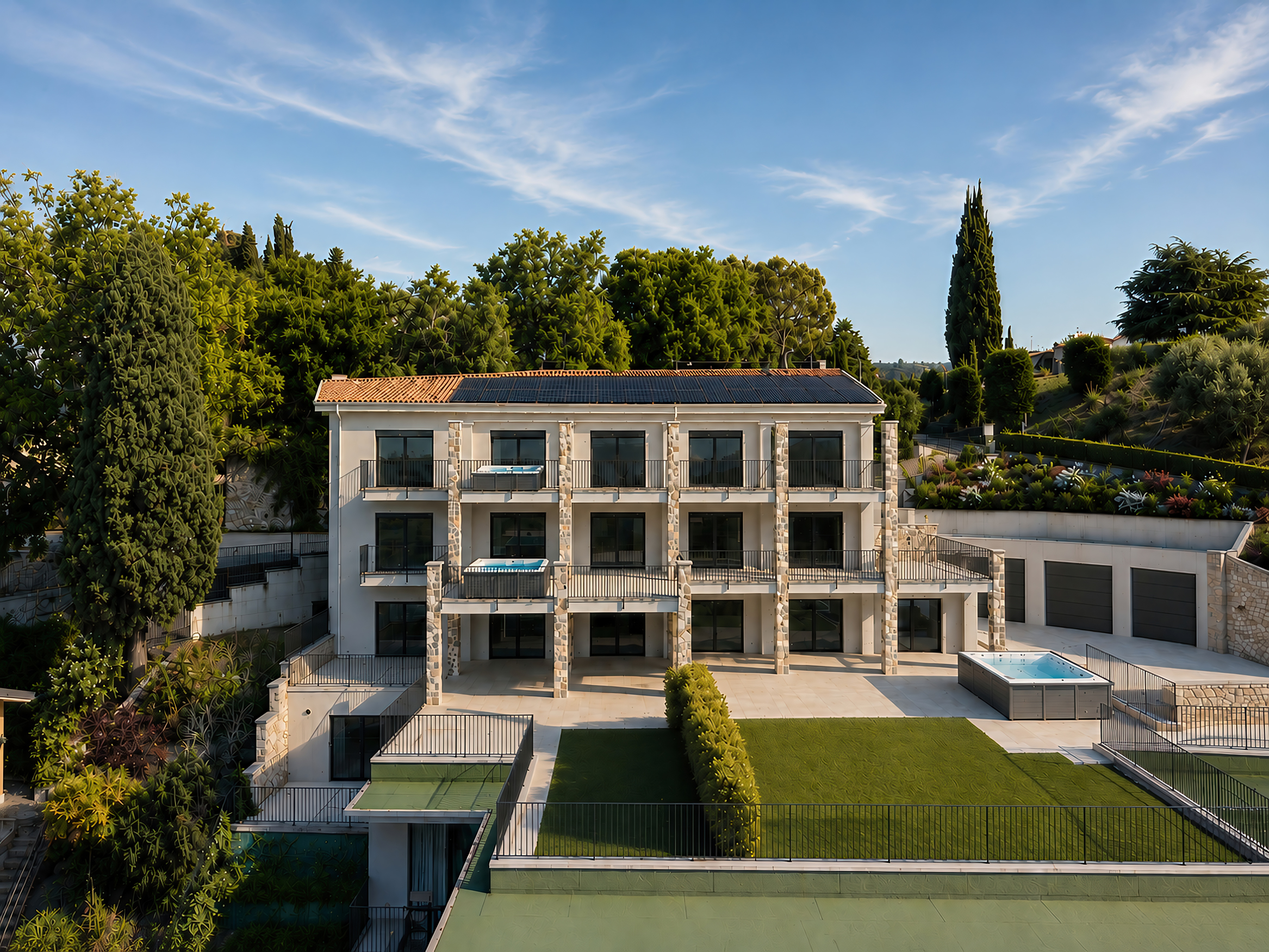 Three-story modern villa with stone pillars, balconies, rooftop solar panels, a backyard lawn, and a private hot tub.
