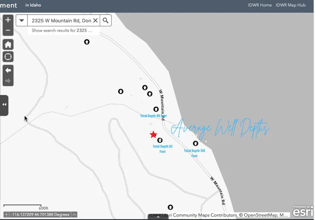 Map view of 2325 W Mountain Rd, Don, Idaho, showing average well depths. A red star marks the location, with nearby wells marked.